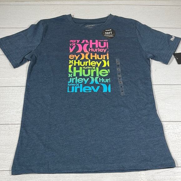 Hurley T-Shirt Heathered Blue with Neon Rainbow Colored Lettering Size M NWT - Picture 1 of 8